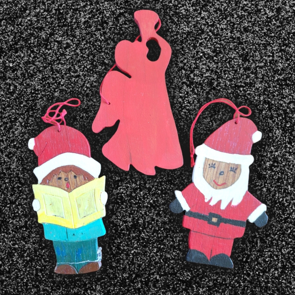 3 Vtg Handmade Wooden Christmas Ornaments Santa Angel Caroler